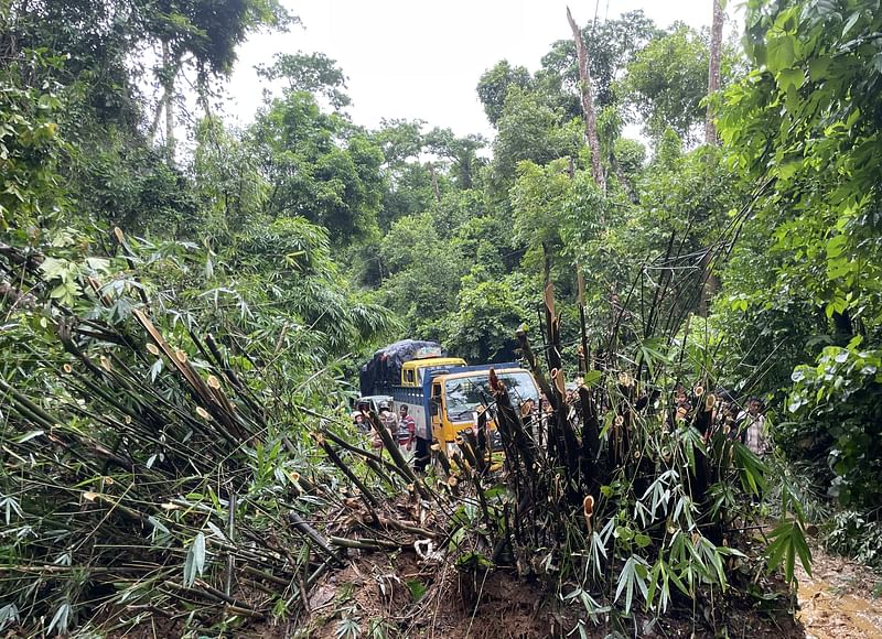 গতকাল রাত দুইটার দিকে লাউয়াছড়া জাতীয় উদ্যানে ওই সড়কে একটি টিলা ধসে সড়কের ওপর পড়ে